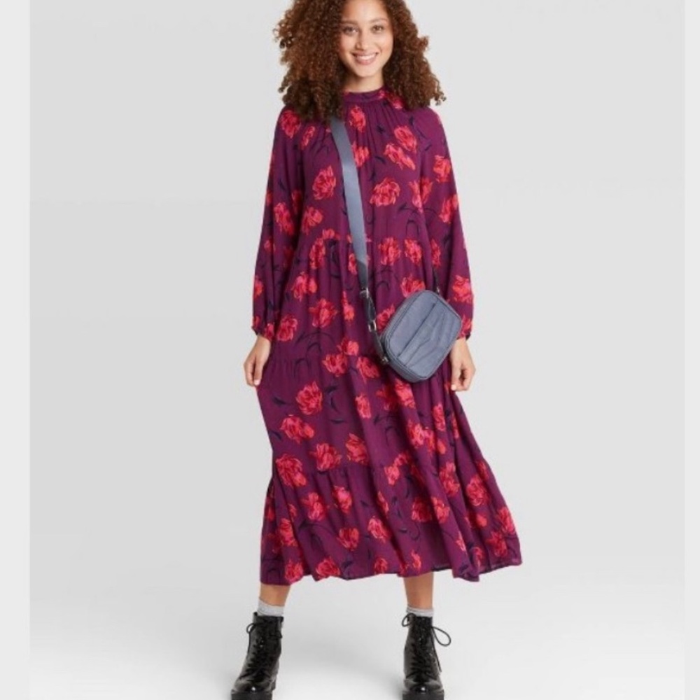 A New Day Women’s Purple Floral Long Sleeve Midi Dress Sz XS NWT